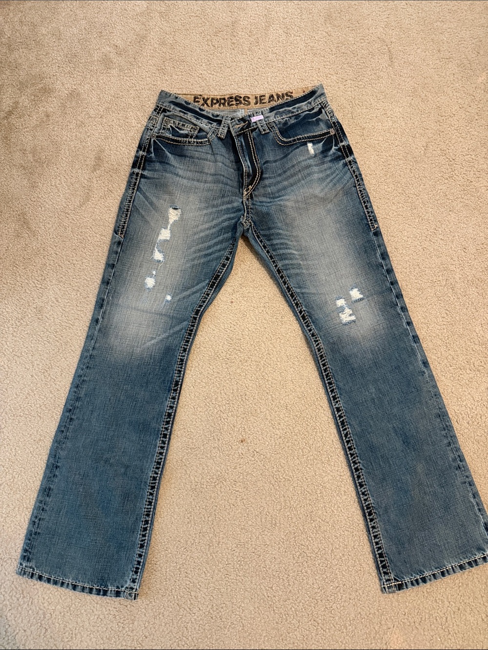Express Men's Bootcut Distressed Blue Jeans